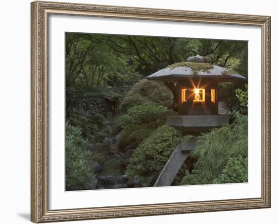 Illuminated Lantern in Portland Japanese Garden, Oregon, USA-William Sutton-Framed Photographic Print