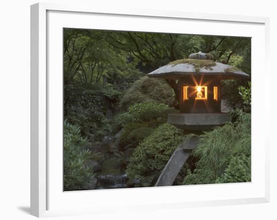 Illuminated Lantern in Portland Japanese Garden, Oregon, USA-William Sutton-Framed Photographic Print