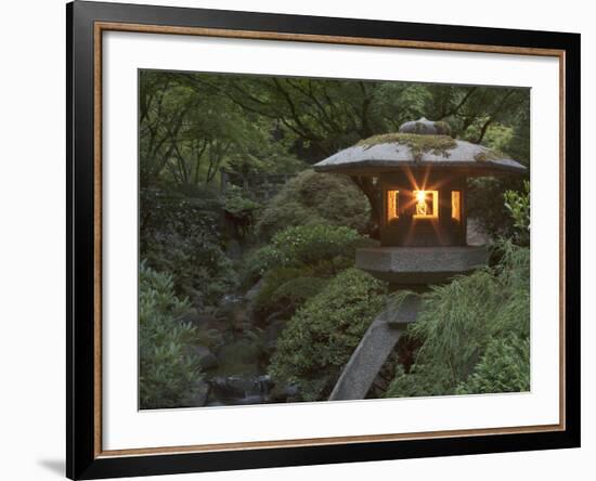 Illuminated Lantern in Portland Japanese Garden, Oregon, USA-William Sutton-Framed Photographic Print