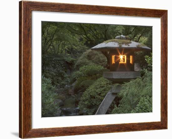 Illuminated Lantern in Portland Japanese Garden, Oregon, USA-William Sutton-Framed Photographic Print