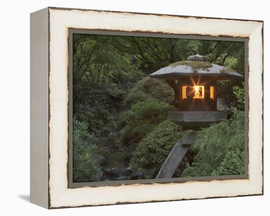Illuminated Lantern in Portland Japanese Garden, Oregon, USA-William Sutton-Framed Premier Image Canvas