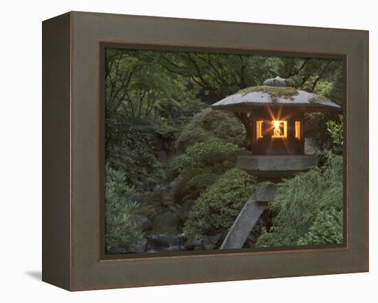 Illuminated Lantern in Portland Japanese Garden, Oregon, USA-William Sutton-Framed Premier Image Canvas