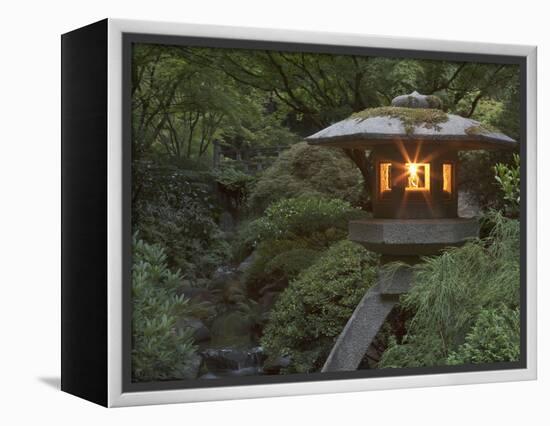 Illuminated Lantern in Portland Japanese Garden, Oregon, USA-William Sutton-Framed Premier Image Canvas