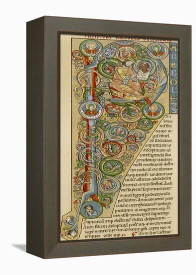 Illuminated Letter "P" Showing King Solomon Writing His "Proverbs", from a German Bible-null-Framed Premier Image Canvas