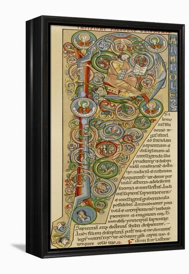 Illuminated Letter "P" Showing King Solomon Writing His "Proverbs", from a German Bible-null-Framed Premier Image Canvas