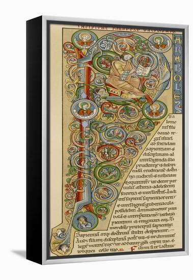 Illuminated Letter "P" Showing King Solomon Writing His "Proverbs", from a German Bible-null-Framed Premier Image Canvas