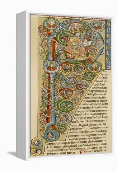 Illuminated Letter "P" Showing King Solomon Writing His "Proverbs", from a German Bible-null-Framed Premier Image Canvas