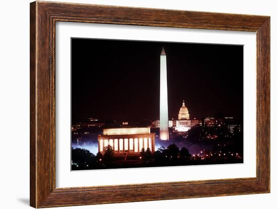 Illuminated Lincoln Memorial, Washington Monument, and US Capitol, Jan 18, 1989-null-Framed Photo