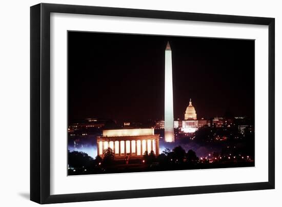 Illuminated Lincoln Memorial, Washington Monument, and US Capitol, Jan 18, 1989-null-Framed Photo