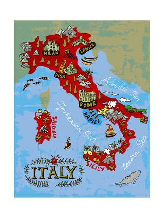 Illustrated Map Of Italy Travel Art Print By Dariai Artcom