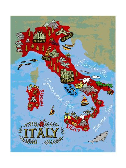 Illustrated Map Of Italy Travel Art Print By Dariai Artcom Illustrated Map Of Italy Travel Art Print By Dariai Artcom