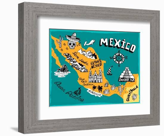 Illustrated Map of Mexico with the Main Attractions-Daria_I-Framed Art Print