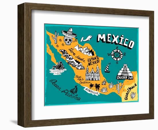 Illustrated Map of Mexico with the Main Attractions-Daria_I-Framed Art Print