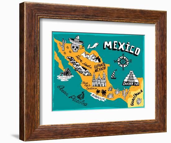 Illustrated Map of Mexico with the Main Attractions-Daria_I-Framed Art Print