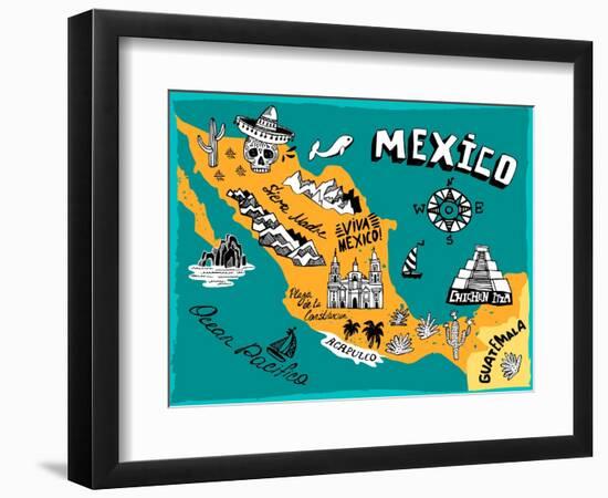 Illustrated Map of Mexico with the Main Attractions-Daria_I-Framed Art Print