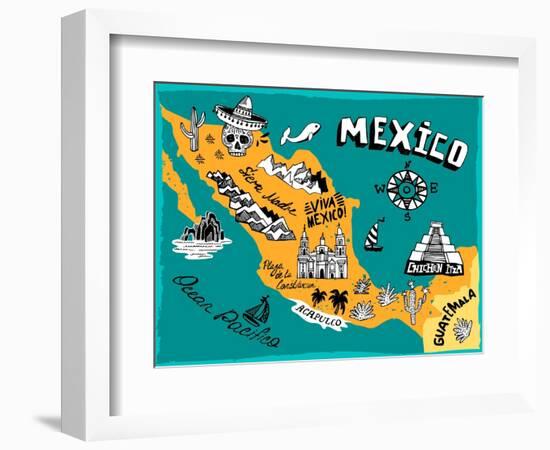 Illustrated Map of Mexico with the Main Attractions-Daria_I-Framed Art Print