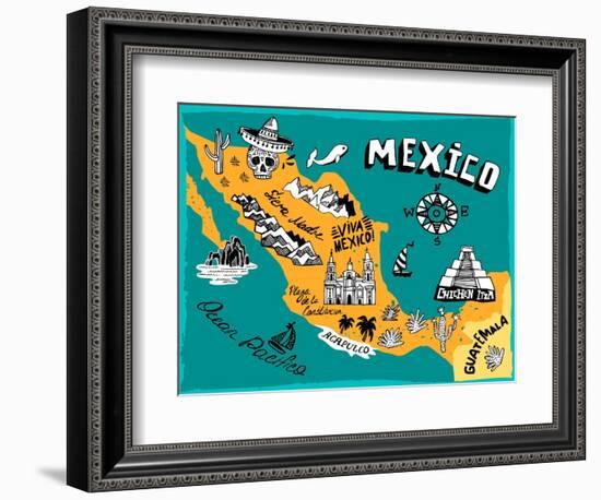 Illustrated Map of Mexico with the Main Attractions-Daria_I-Framed Art Print