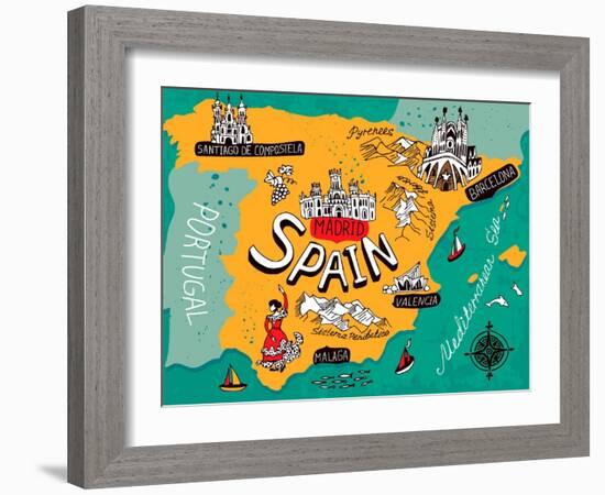 Illustrated Map of Spain-Daria_I-Framed Art Print