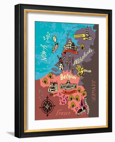 Illustrated Map of the Netherlands, Belgium, Luxembourg-Daria_I-Framed Art Print