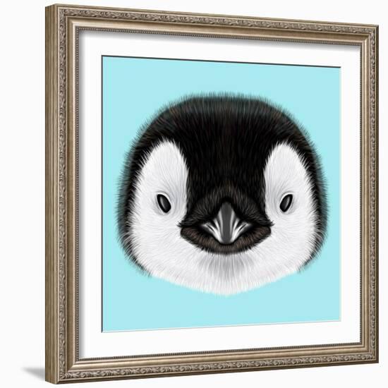 Illustrated Portrait of Emperor Penguin Chick. Cute Fluffy Face of Bird Baby on Blue Background.-ant_art-Framed Art Print