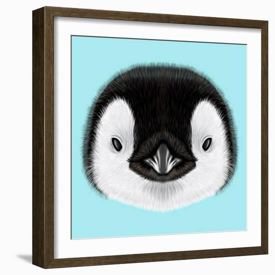 Illustrated Portrait of Emperor Penguin Chick. Cute Fluffy Face of Bird Baby on Blue Background.-ant_art-Framed Art Print