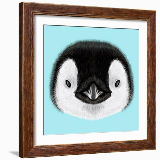 Illustrated Portrait of Emperor Penguin Chick. Cute Fluffy Face of Bird Baby on Blue Background.-ant_art-Framed Art Print