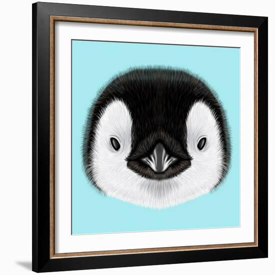 Illustrated Portrait of Emperor Penguin Chick. Cute Fluffy Face of Bird Baby on Blue Background.-ant_art-Framed Art Print