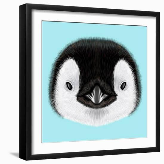 Illustrated Portrait of Emperor Penguin Chick. Cute Fluffy Face of Bird Baby on Blue Background.-ant_art-Framed Art Print