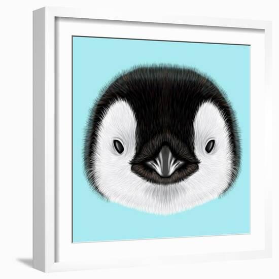 Illustrated Portrait of Emperor Penguin Chick. Cute Fluffy Face of Bird Baby on Blue Background.-ant_art-Framed Art Print