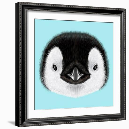 Illustrated Portrait of Emperor Penguin Chick. Cute Fluffy Face of Bird Baby on Blue Background.-ant_art-Framed Art Print