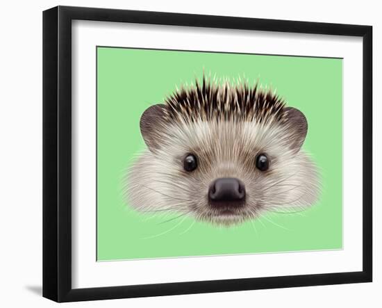 Illustrated Portrait of Hedgehog. Cute Head of Wild Spiny Mammal on Green Background.-ant_art-Framed Art Print