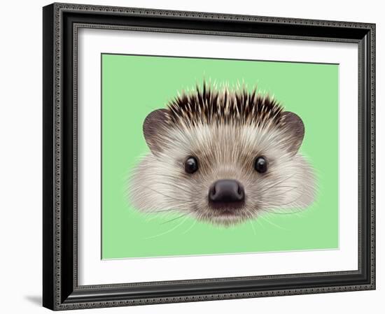 Illustrated Portrait of Hedgehog. Cute Head of Wild Spiny Mammal on Green Background.-ant_art-Framed Art Print