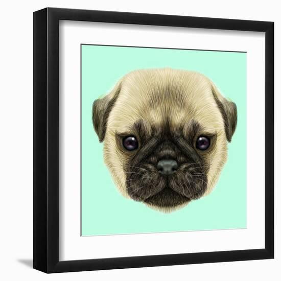 Illustrated Portrait of Pug Puppy. Cute Fluffy Fawn Face of Domestic Dog on Blue Background.-ant_art-Framed Art Print