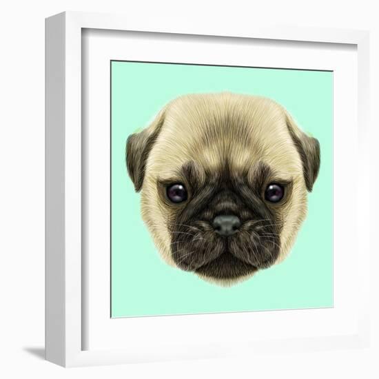 Illustrated Portrait of Pug Puppy. Cute Fluffy Fawn Face of Domestic Dog on Blue Background.-ant_art-Framed Art Print