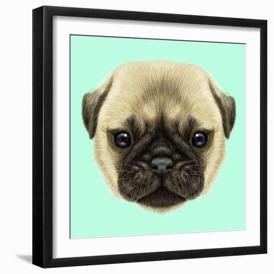 Illustrated Portrait of Pug Puppy. Cute Fluffy Fawn Face of Domestic Dog on Blue Background.-ant_art-Framed Art Print