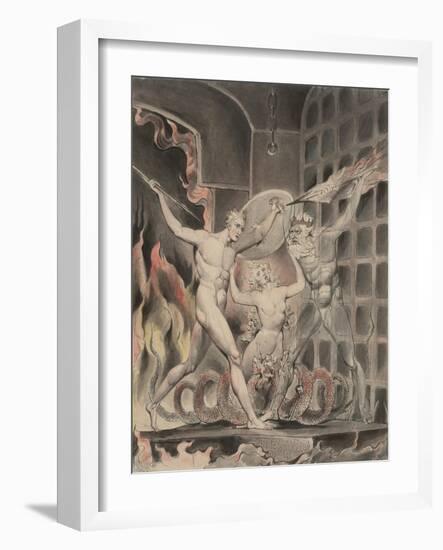 Illustration 2 to Milton's Paradise Lost : Satan, Sin, and Death: Satan Comes to the Gates of Hell,-William Blake-Framed Giclee Print