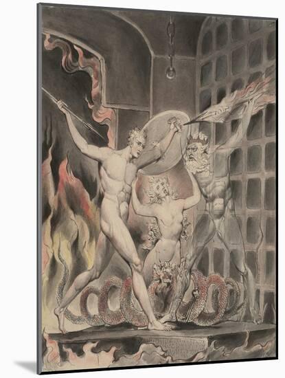 Illustration 2 to Milton's Paradise Lost : Satan, Sin, and Death: Satan Comes to the Gates of Hell,-William Blake-Mounted Giclee Print