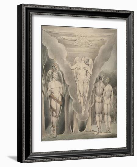 Illustration 4 to Milton's Paradise Lost : Satan Spying on Adam and Eve and Raphael's Descent into-William Blake-Framed Giclee Print