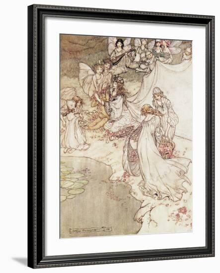 Illustration for a Fairy Tale, Fairy Queen Covering a Child with Blossom-Arthur Rackham-Framed Giclee Print