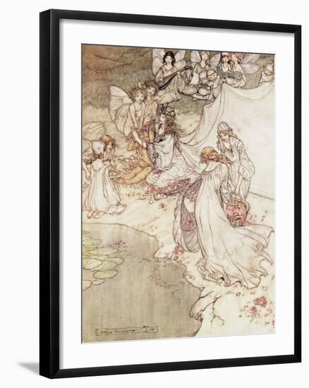 Illustration for a Fairy Tale, Fairy Queen Covering a Child with Blossom-Arthur Rackham-Framed Giclee Print