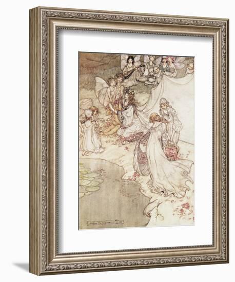 Illustration for a Fairy Tale, Fairy Queen Covering a Child with Blossom-Arthur Rackham-Framed Giclee Print