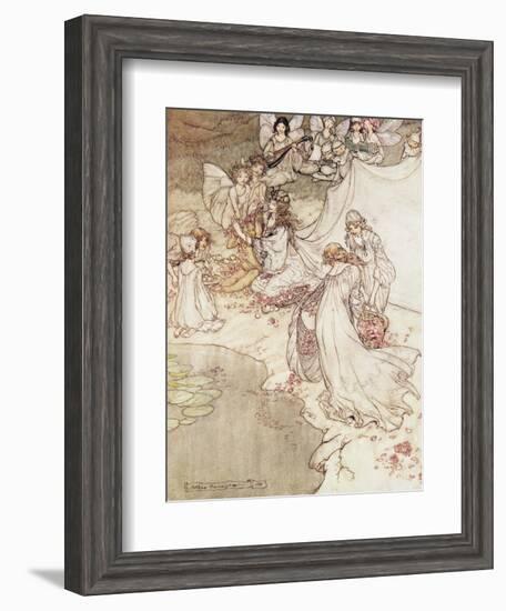 Illustration for a Fairy Tale, Fairy Queen Covering a Child with Blossom-Arthur Rackham-Framed Giclee Print