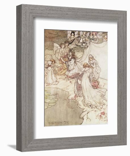 Illustration for a Fairy Tale, Fairy Queen Covering a Child with Blossom-Arthur Rackham-Framed Giclee Print