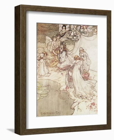 Illustration for a Fairy Tale, Fairy Queen Covering a Child with Blossom-Arthur Rackham-Framed Giclee Print