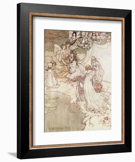 Illustration for a Fairy Tale, Fairy Queen Covering a Child with Blossom-Arthur Rackham-Framed Giclee Print