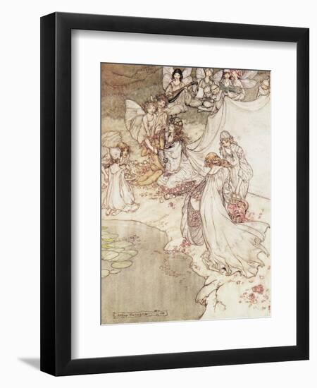 Illustration for a Fairy Tale, Fairy Queen Covering a Child with Blossom-Arthur Rackham-Framed Giclee Print