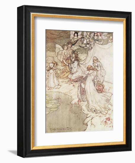 Illustration for a Fairy Tale, Fairy Queen Covering a Child with Blossom-Arthur Rackham-Framed Giclee Print