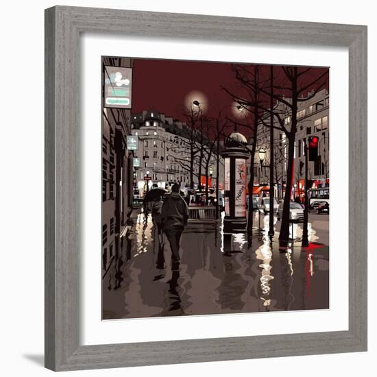 Illustration of a Boulevard in Paris at Night-isaxar-Framed Art Print