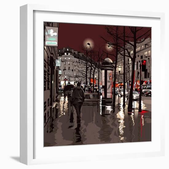 Illustration of a Boulevard in Paris at Night-isaxar-Framed Art Print
