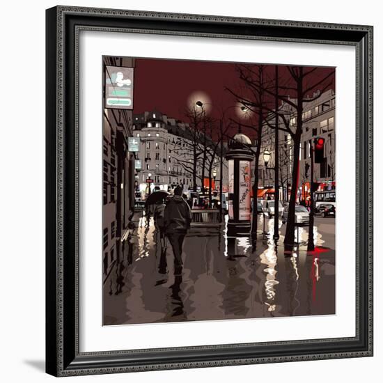 Illustration of a Boulevard in Paris at Night-isaxar-Framed Art Print